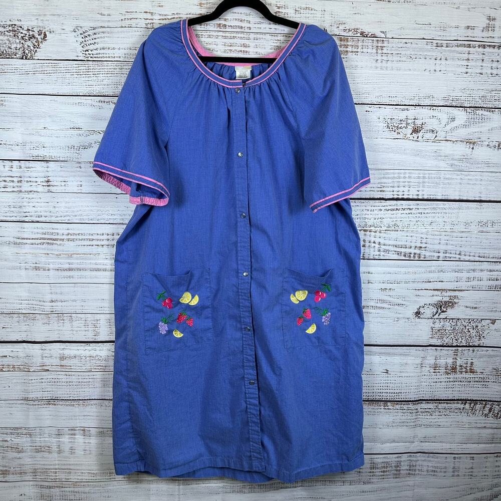 Womens VTG Simply Basic Blue Snap Front SS House Dress Rode Embroidered Fruit 2X